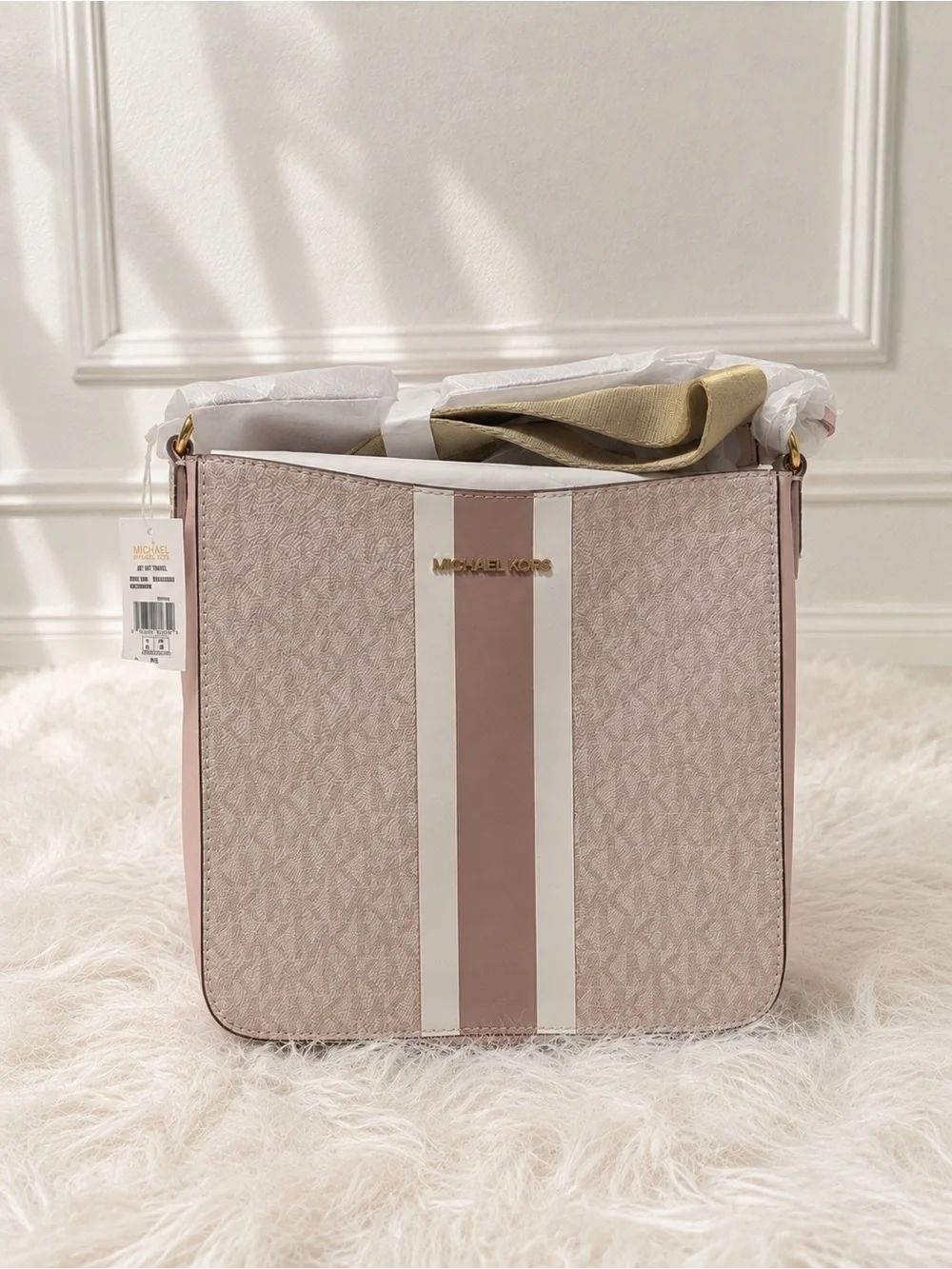 NWT Michael Kors Blush Jet Set Signature Logo Stripe Crossbody Bag